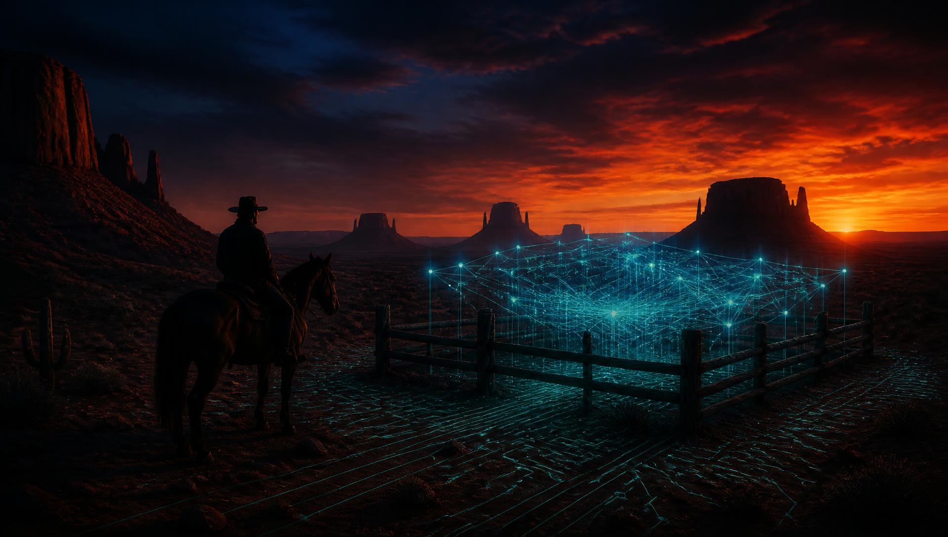 A rider at dusk beside a corral fence holding a glowing neural network
